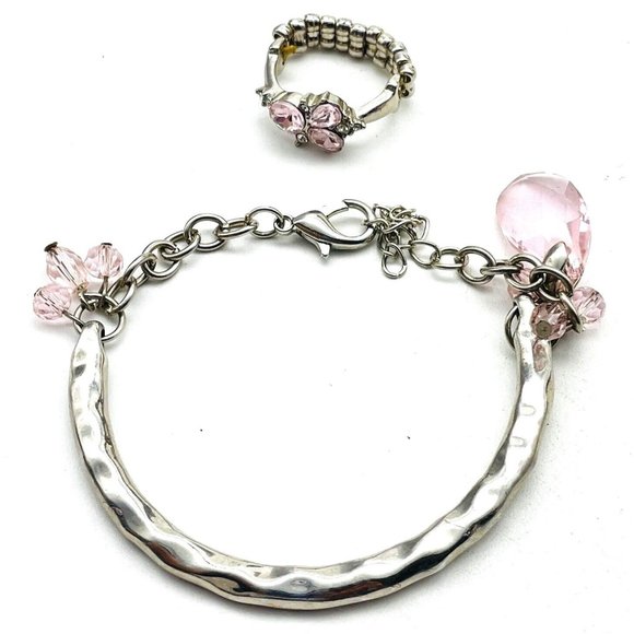 Pink Beaded Bracelet and Matching Ring Set Silver Tone Classic Career Cosplay - Picture 1 of 8